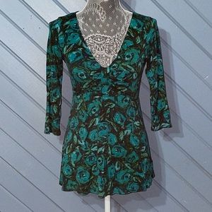 Anthropologie Weston Wear boho floral green 3/4 sleeve top